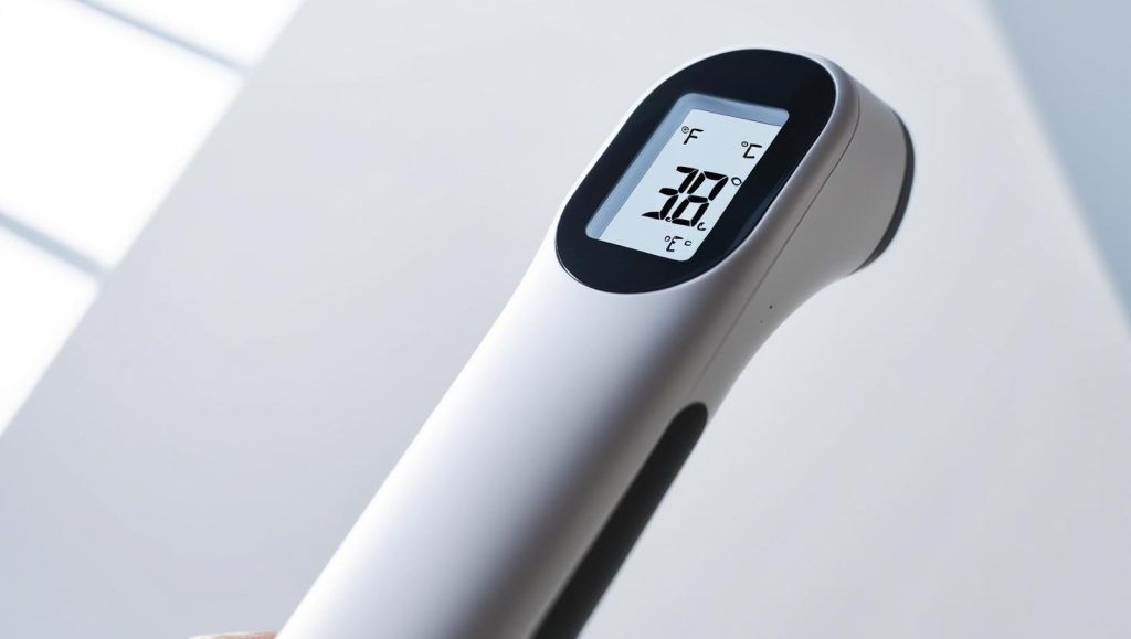 Foto termometer digital dengan tampilan suhu yang jelas