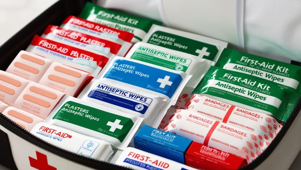 Gambar isi kotak P3K yang rapi, termasuk plester, antiseptik, dan perban