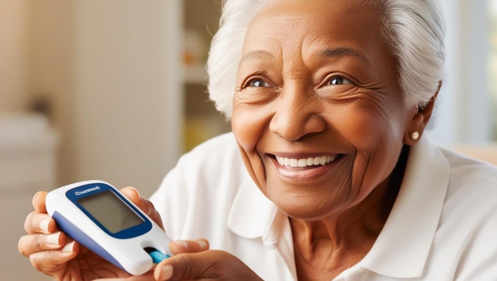 Gambar seorang lansia atau orang dengan diabetes yang tersenyum setelah menggunakan glukometer, menandakan alat ini membantu kesehatan mereka.