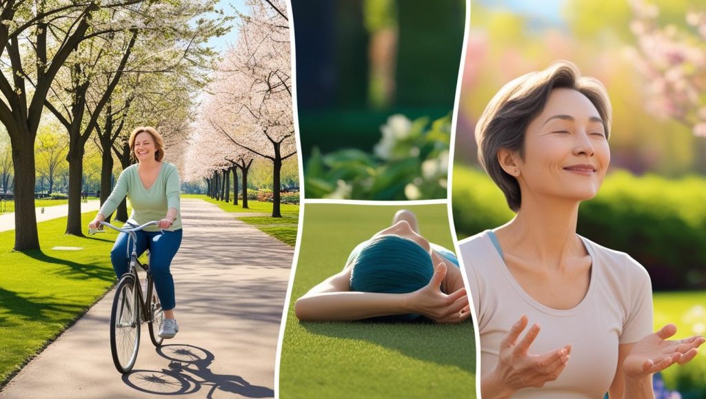 Gambar seseorang yang sedang berjalan santai di taman, bersepeda ringan, atau melakukan yoga
