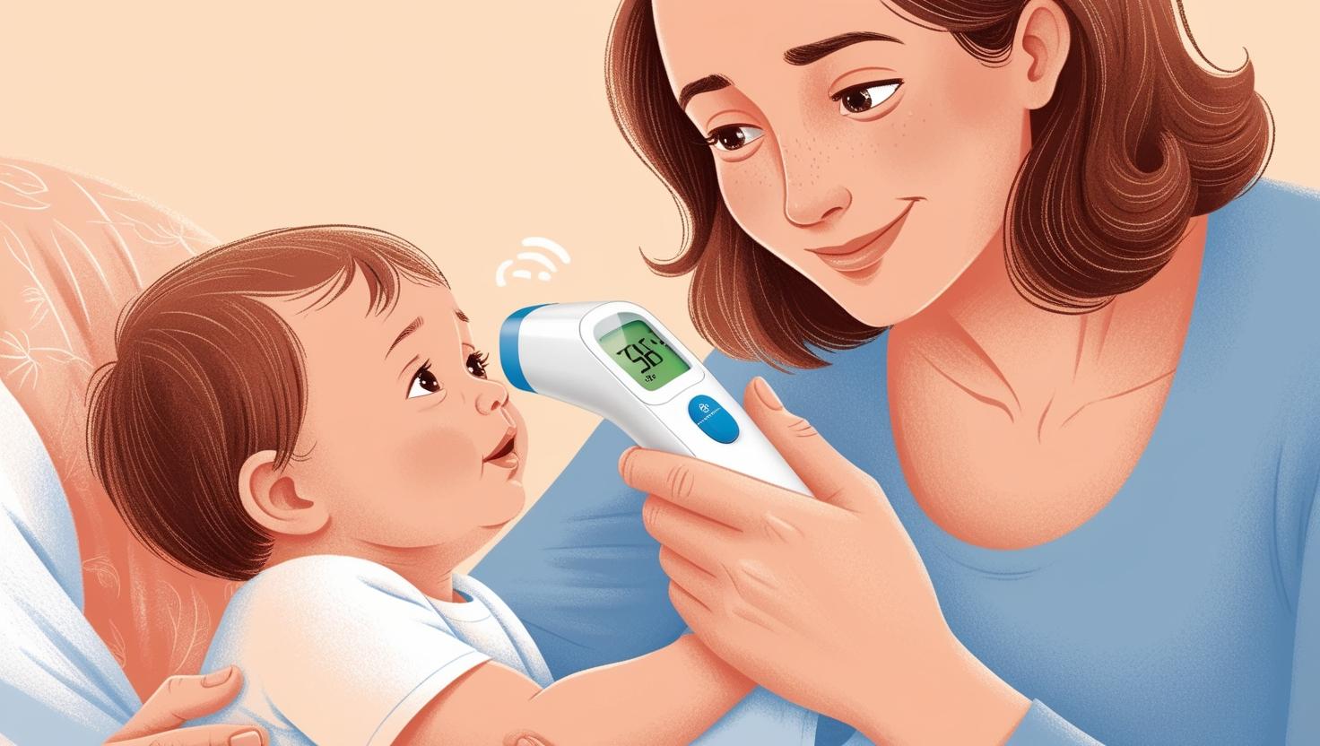 Ilustrasi seorang ibu mengukur suhu anak dengan termometer digital, menunjukkan kepedulian terhadap kesehatan keluarga