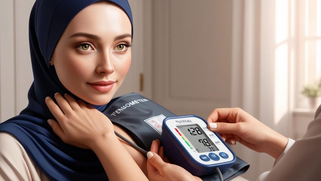 Ilustrasi seseorang gadis cantik berhijab mirip bule rusia mengukur tekanan darah dengan tensimeter digital