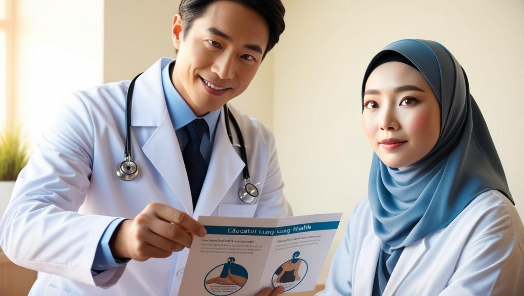 Seorang dokter memberikan edukasi tentang kesehatan paru-paru kepada pasien cantik berhijab mirip artis korea