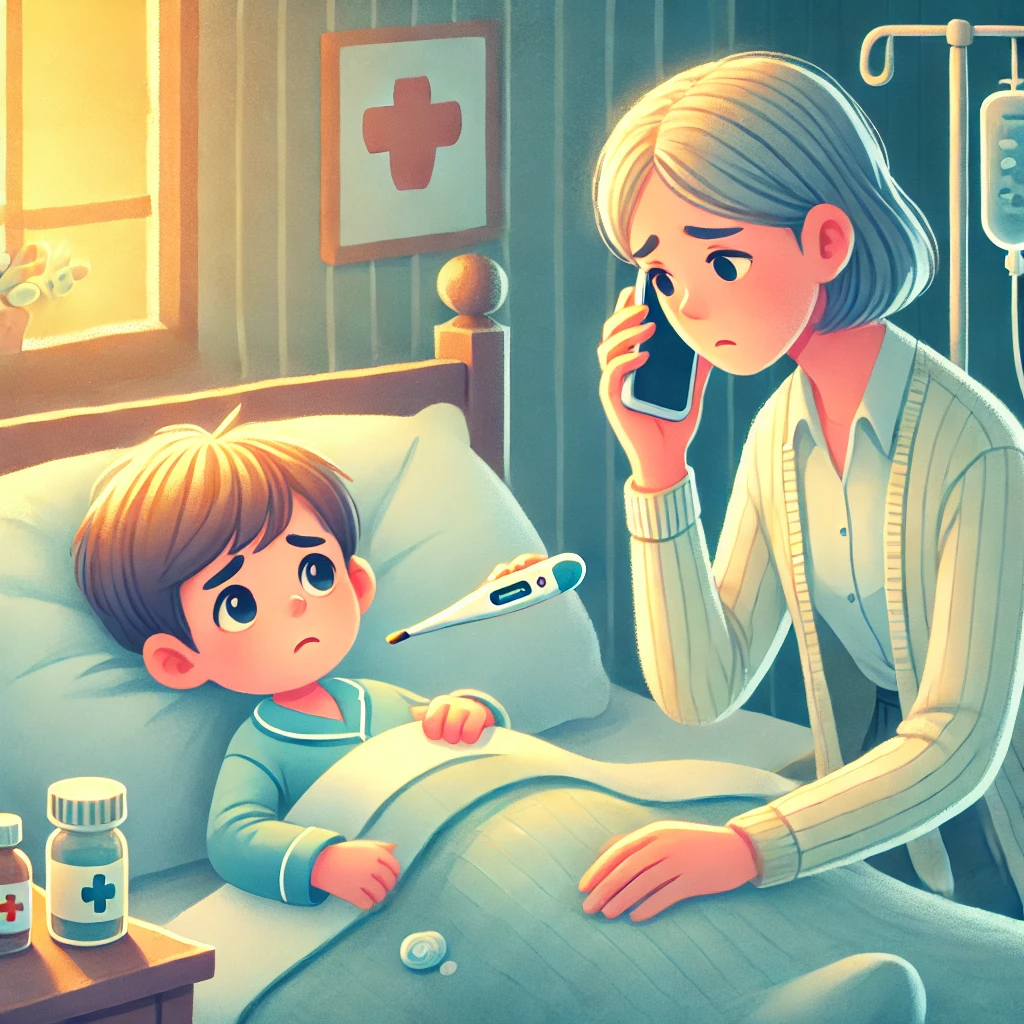 Ilustrasi ini menggambarkan orang tua yang khawatir sedang memegang termometer digital sambil menelepon dokter, dengan anak yang tampak sangat lemah di tempat tidur