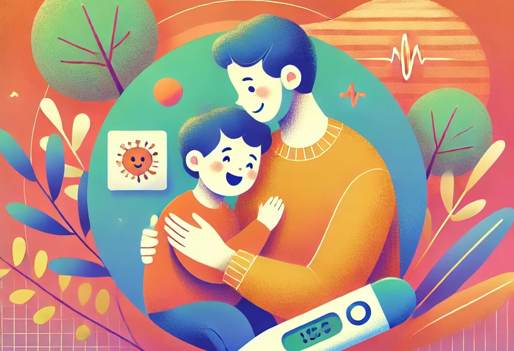 Orang tua yang peduli sedang merawat anak yang demam dengan penuh kasih, dengan termometer digital di sampingnya. Ilustrasi berwarna ceria dan hangat, cocok untuk artikel tentang cara menangani demam pada anak dengan cepat.