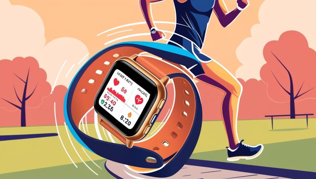 Ilustrasi orang memakai smartwatch sambil berolahraga dengan tampilan fitur kesehatan di layar