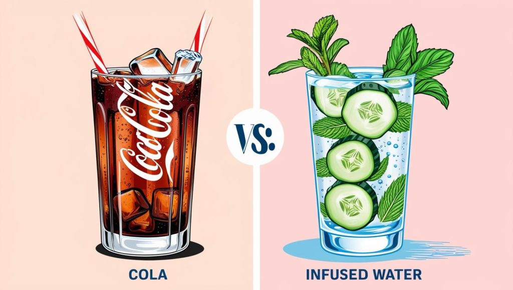 Ilustrasi perbandingan minuman bersoda vs infused water.