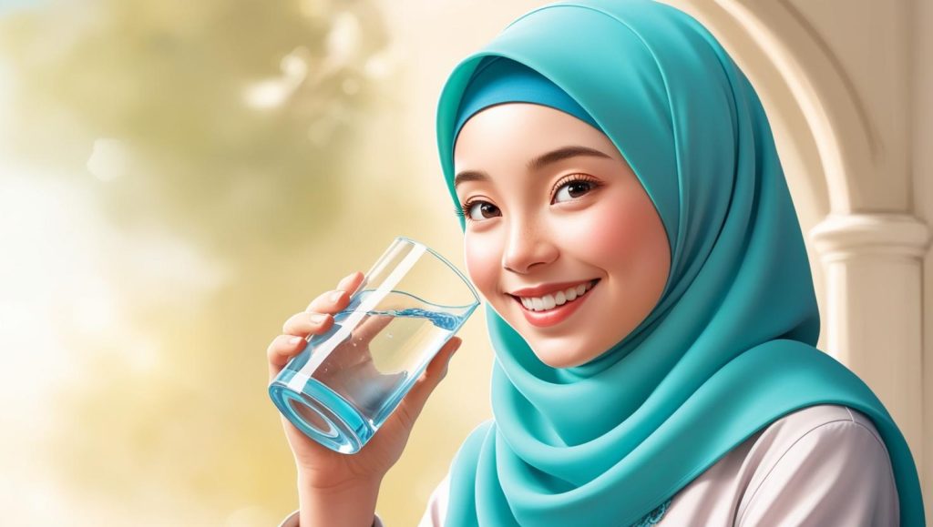 Ilustrasi orang minum air putih dengan senyum segar.