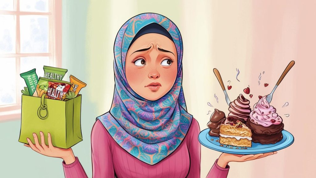 Ilustrasi seseorang gadis cantik berhijab yang galau antara mau mulai hidup sehat atau tetap rebahan dengan cemilan di tangan.