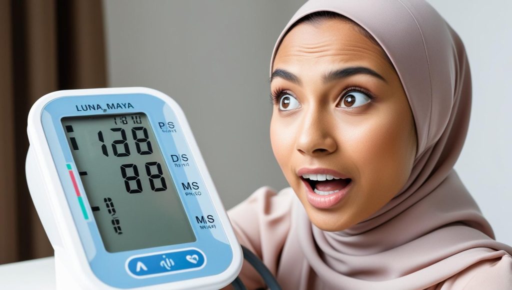 foto seseorang gadis cantik berhijab yang melihat hasil tensimeter dengan ekspresi kaget.jpg